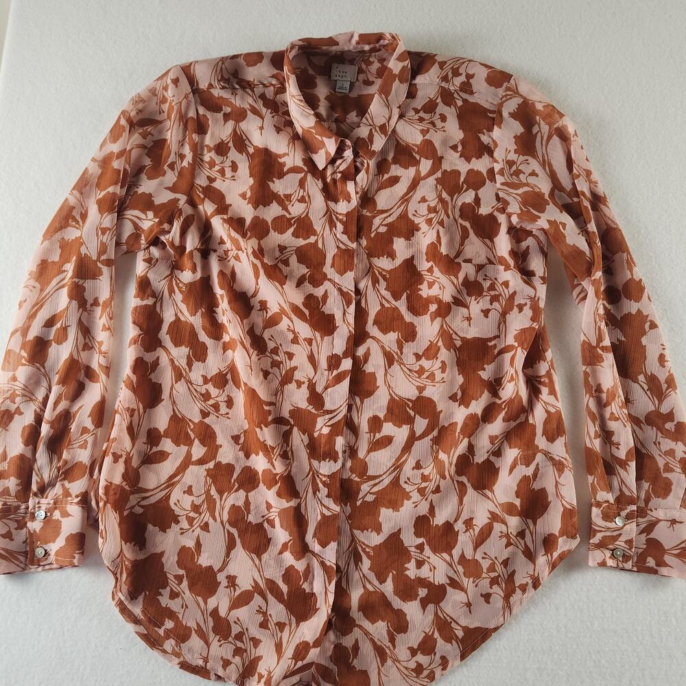 A New Day Women’s Pink & Brown Floral Button Up Blouse Sheer Size L